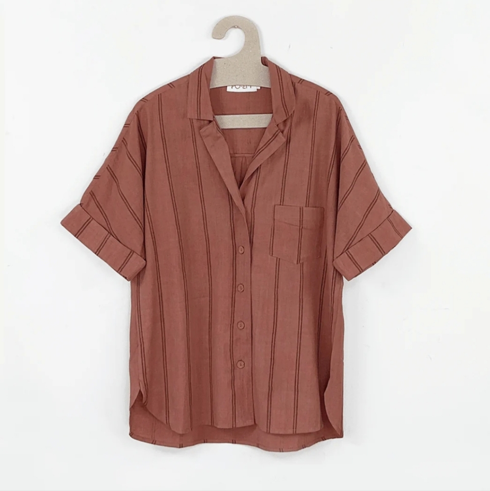 Po-em Palms Shirt In Terra Block Stripe NWOT
